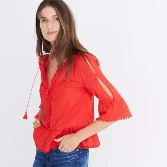Madewell Peekaboo Pom-Pom red Top - Picture 1 of 7